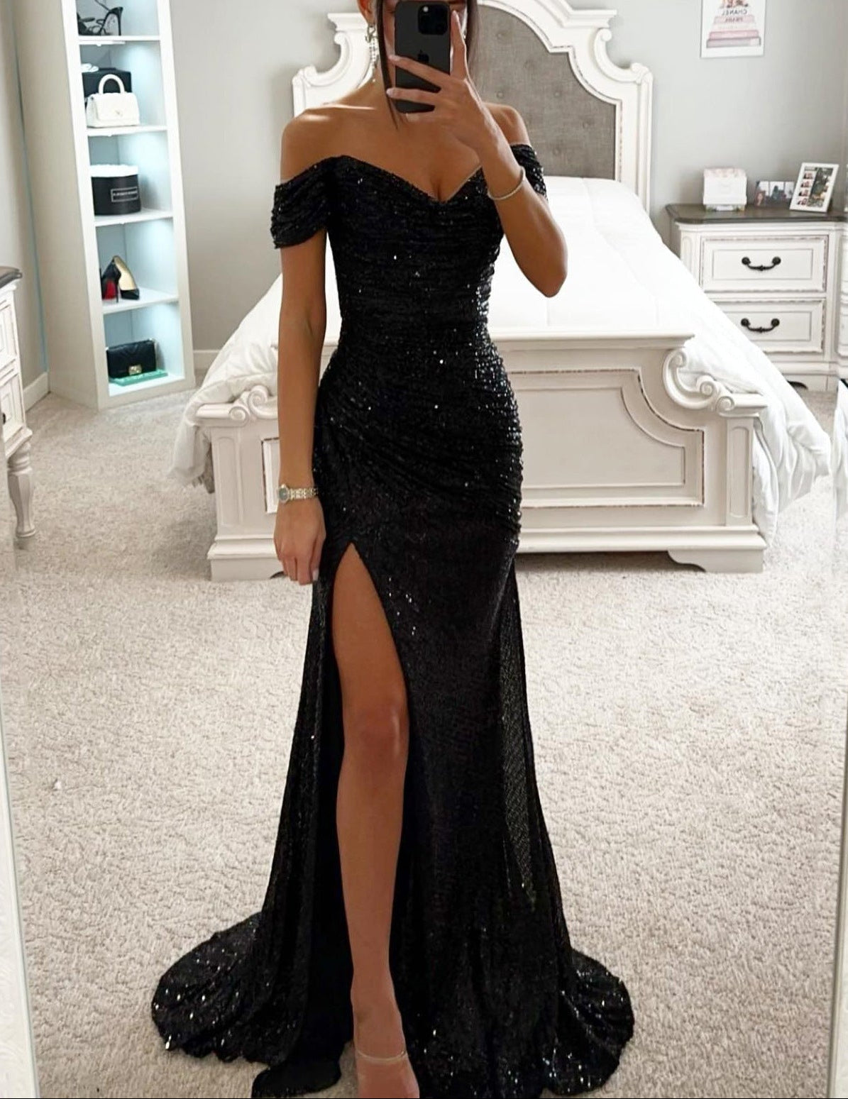 Sequin Off-Shoulder Maxi Dress – Ruched Bodycon Gown with High Slit