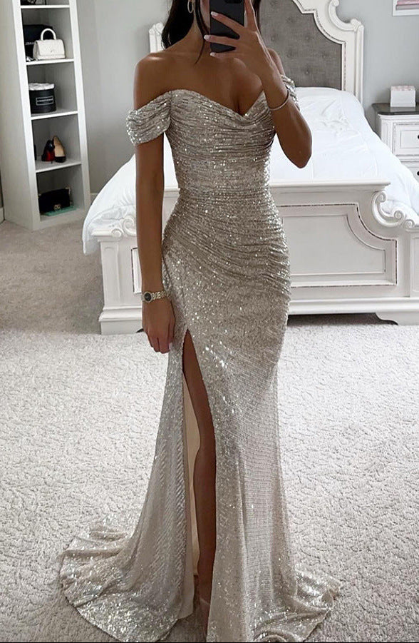 Sequin Off-Shoulder Maxi Dress – Ruched Bodycon Gown with High Slit