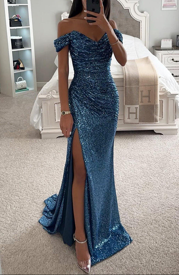 Sequin Off-Shoulder Maxi Dress – Ruched Bodycon Gown with High Slit