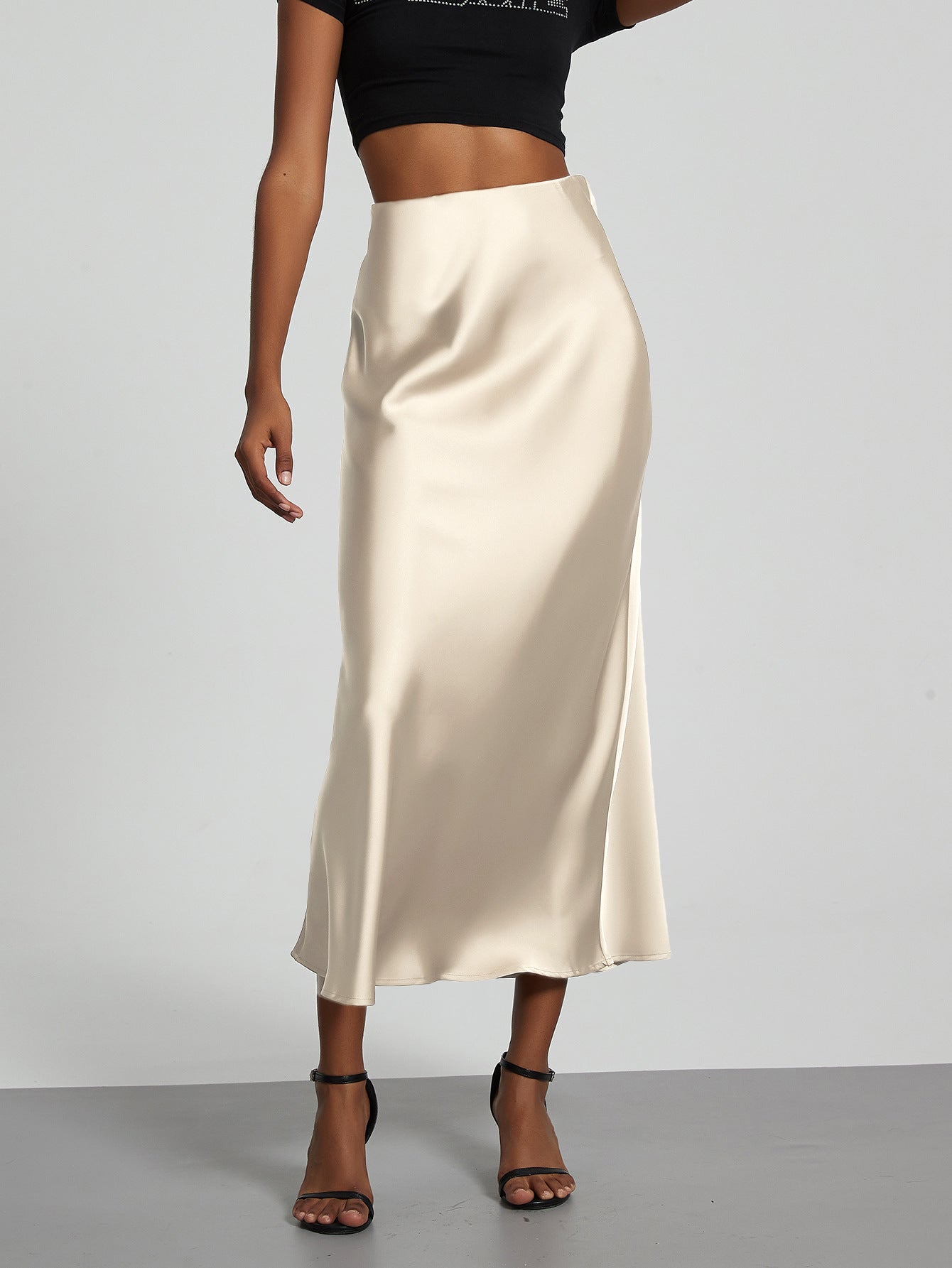 Satin Midi Skirt – High Waist A-Line Side Zip