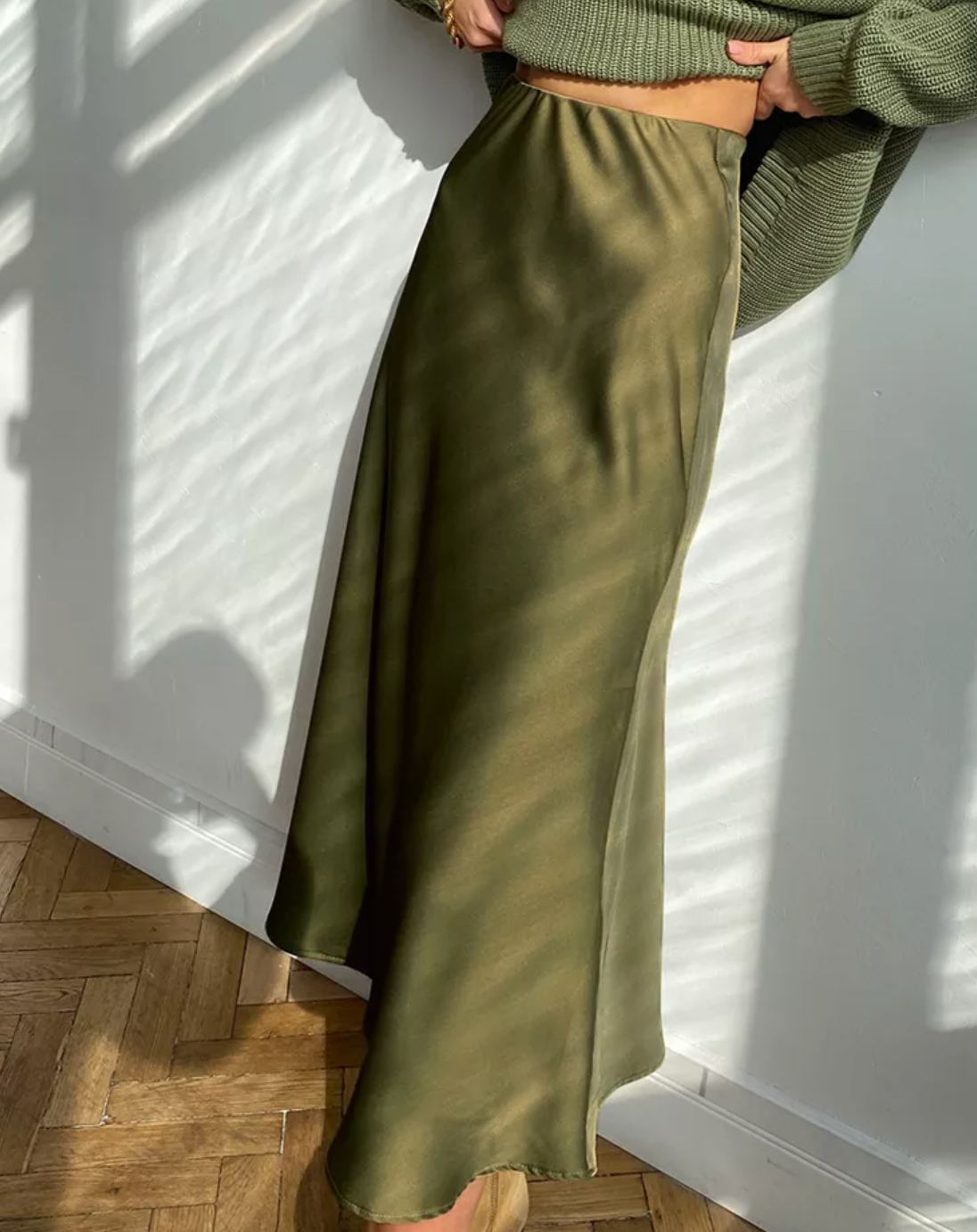 Satin Midi Skirt – High Waist A-Line Side Zip