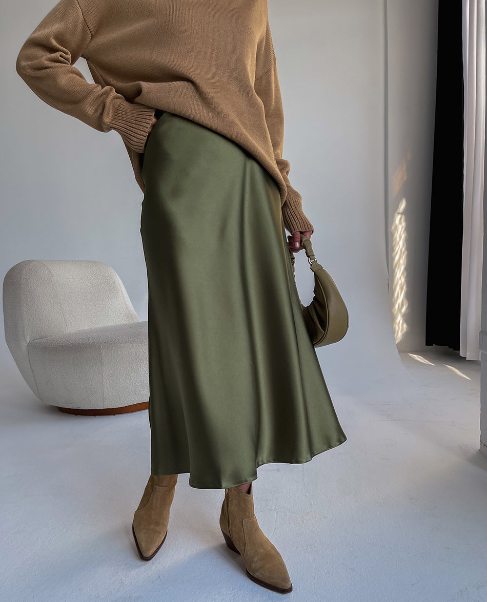 Satin Midi Skirt – High Waist A-Line Side Zip