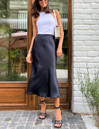 Satin Midi Skirt – High Waist A-Line Side Zip