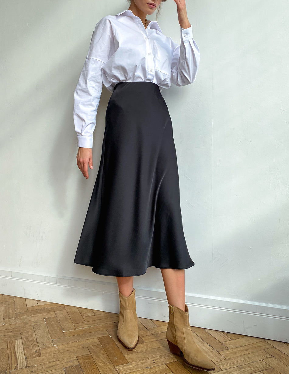 Satin Midi Skirt – High Waist A-Line Side Zip