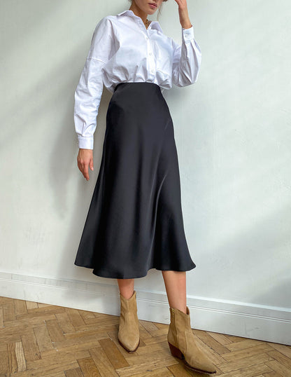 Satin Midi Skirt – High Waist A-Line Side Zip