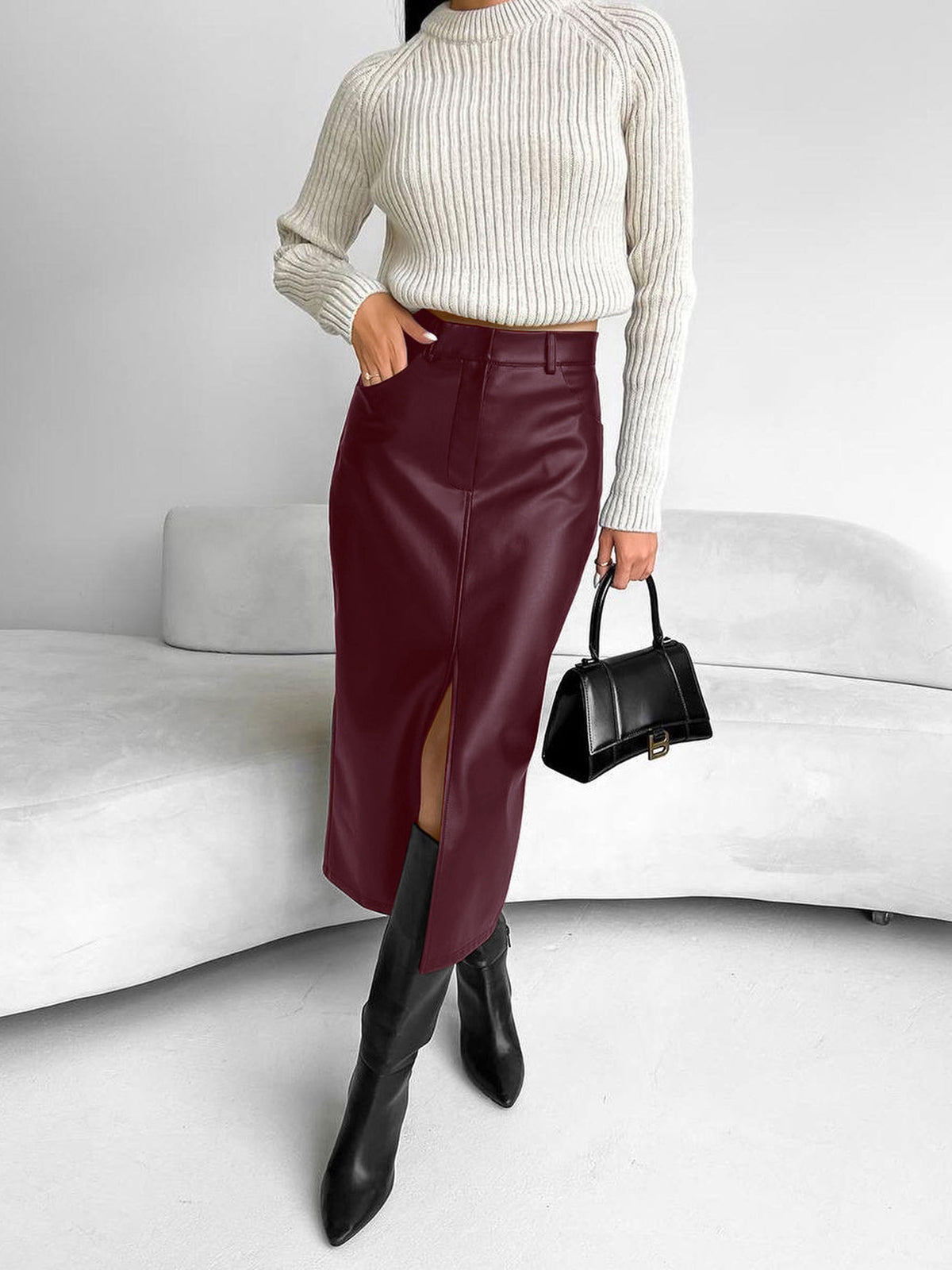 Faux Leather Midi Skirt – High-Waist Front Slit Pencil Skirt