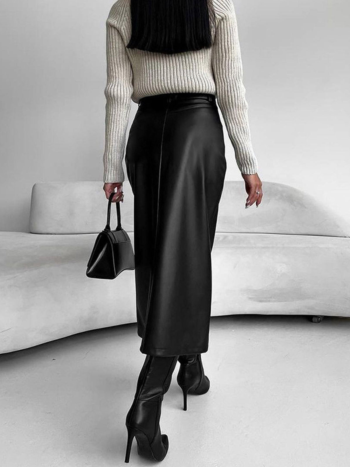Faux Leather Midi Skirt – High-Waist Front Slit Pencil Skirt