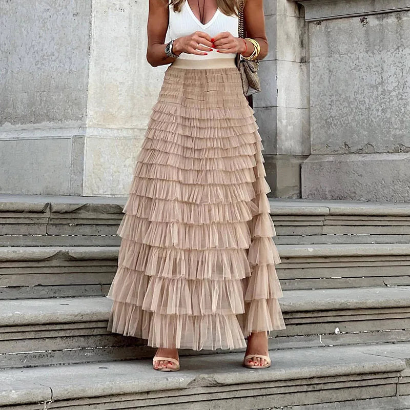 Tiered Tulle Maxi Skirt – High Waist A-Line Layered Ruffle Skirt