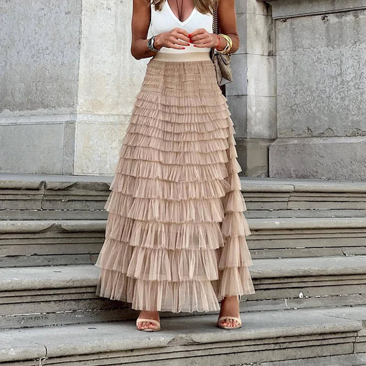 Tiered Tulle Maxi Skirt – High Waist A-Line Layered Ruffle Skirt