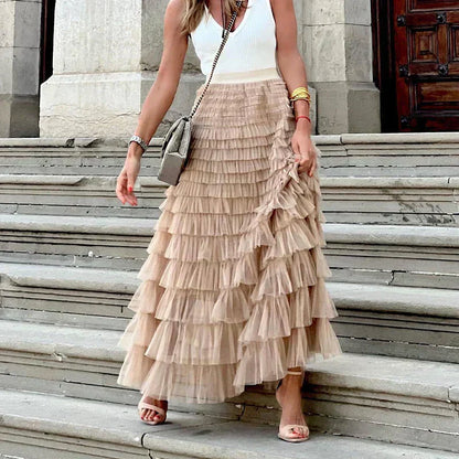 Tiered Tulle Maxi Skirt – High Waist A-Line Layered Ruffle Skirt