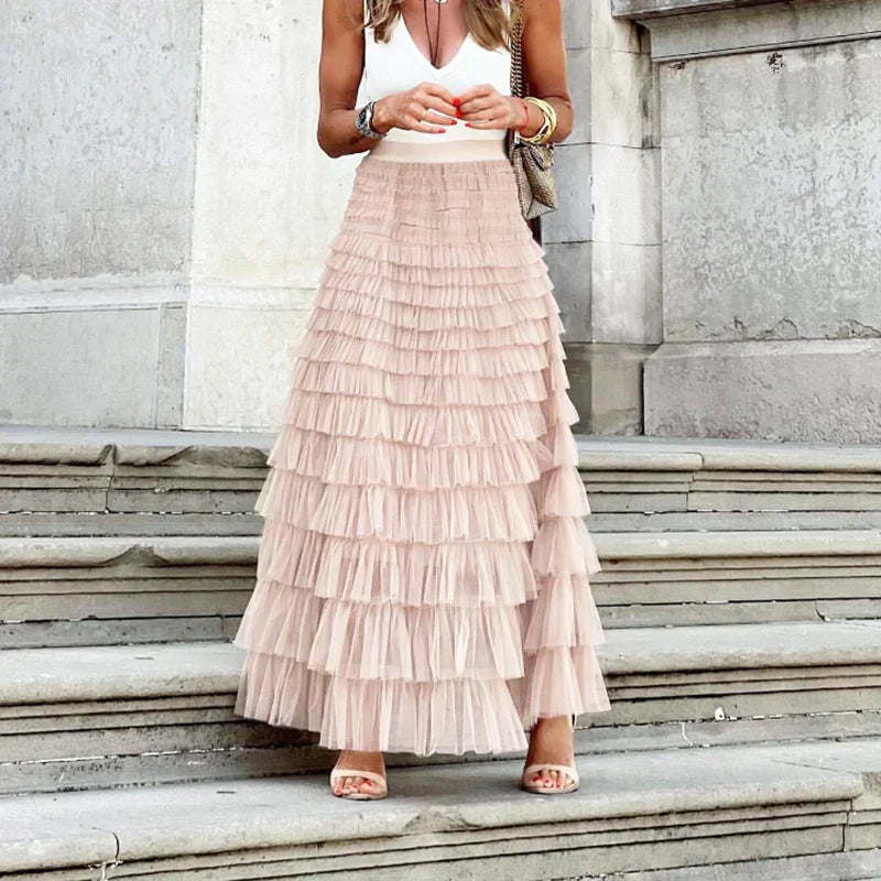Tiered Tulle Maxi Skirt – High Waist A-Line Layered Ruffle Skirt