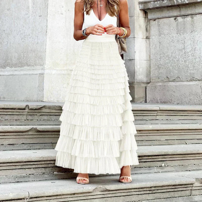 Tiered Tulle Maxi Skirt – High Waist A-Line Layered Ruffle Skirt