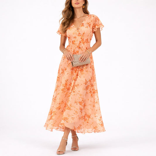 Floral Chiffon Maxi Dress – Flutter Sleeve V-Neck Wedding Guest