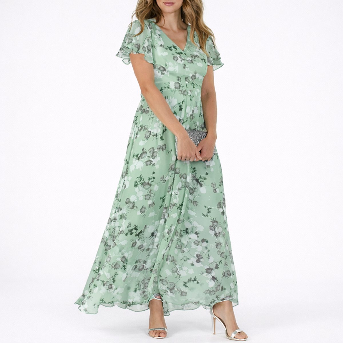 Floral Chiffon Maxi Dress – Flutter Sleeve V-Neck Wedding Guest