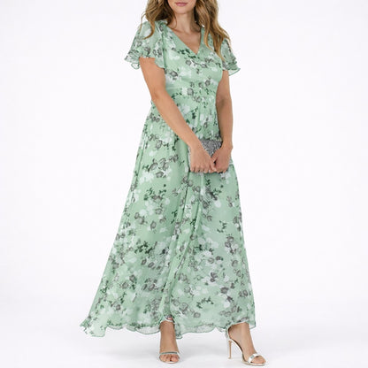 Floral Chiffon Maxi Dress – Flutter Sleeve V-Neck Wedding Guest