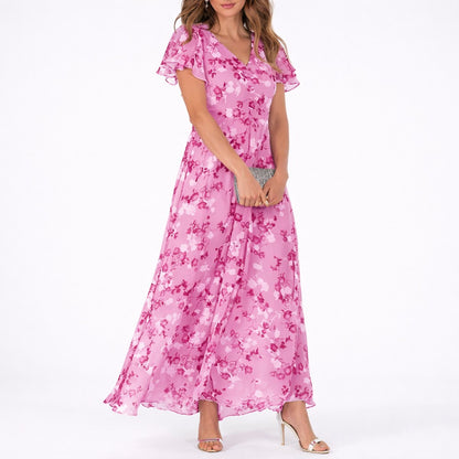 Floral Chiffon Maxi Dress – Flutter Sleeve V-Neck Wedding Guest