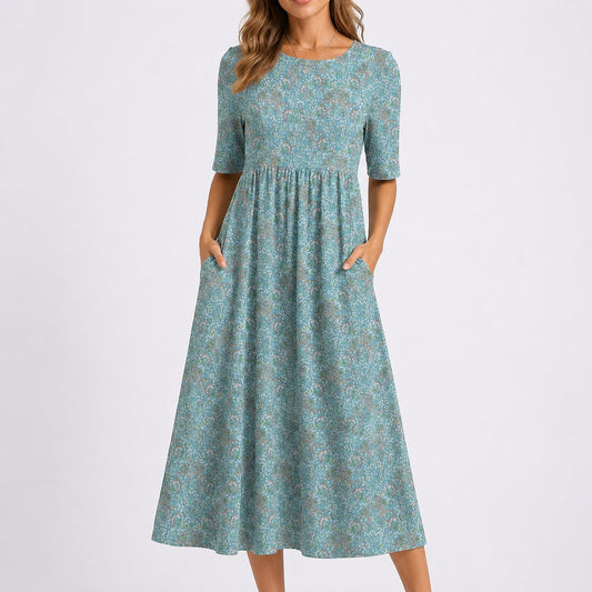 Floral Midi Dress with Pockets – Short Sleeve A-Line Wedding Guest