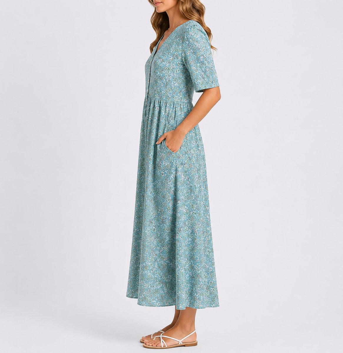 Floral Midi Dress with Pockets – Short Sleeve A-Line Wedding Guest