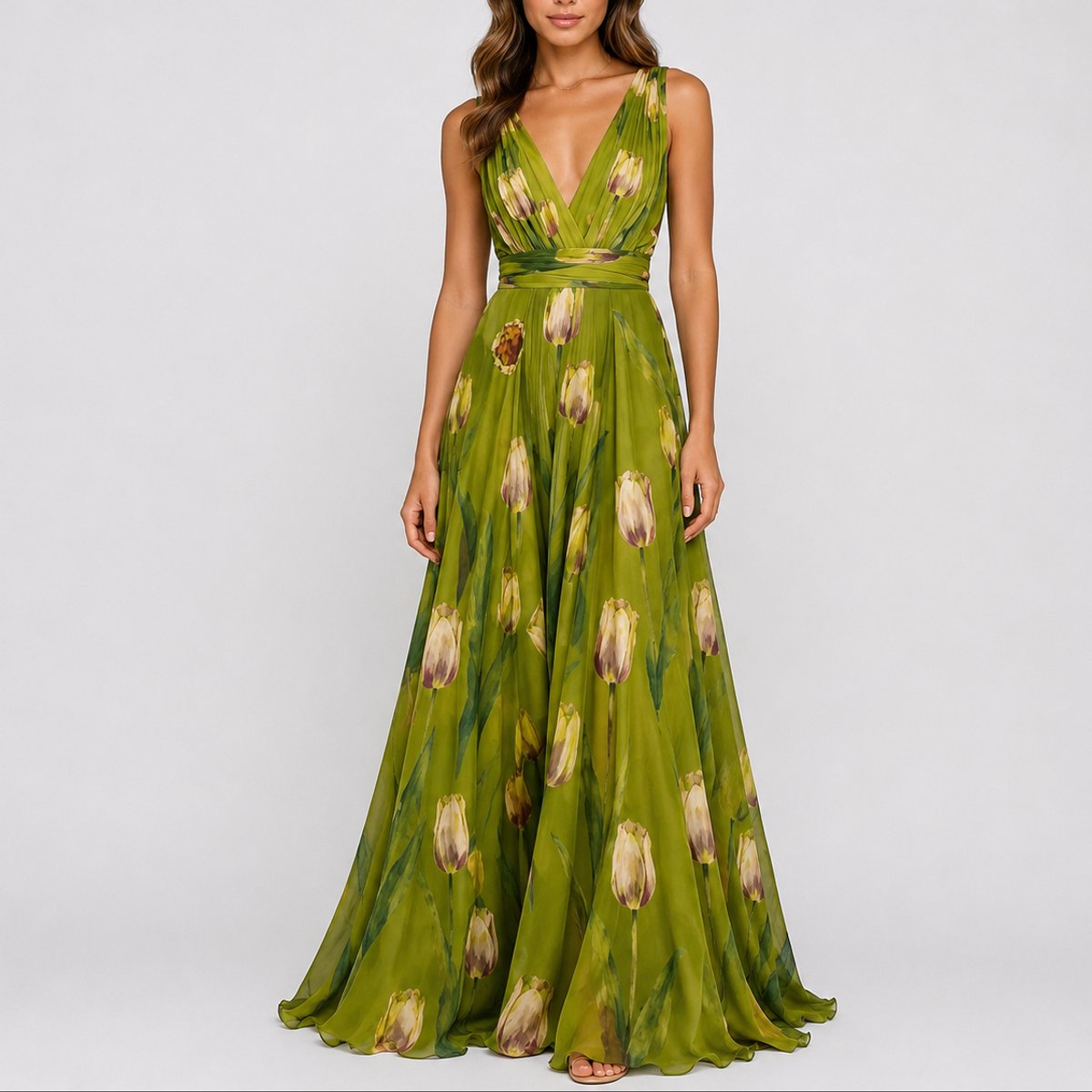 Floral Chiffon Maxi Dress – V-Neck A-Line Wedding Guest Dress