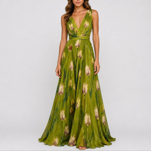 Floral Chiffon Maxi Dress – V-Neck A-Line Wedding Guest Dress