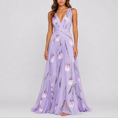 Floral Chiffon Maxi Dress – V-Neck A-Line Wedding Guest Dress