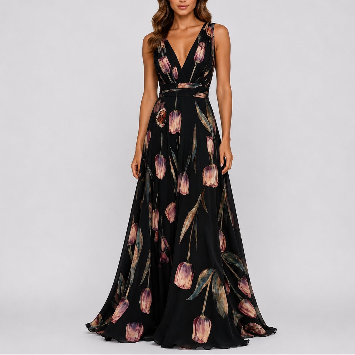 Floral Chiffon Maxi Dress – V-Neck A-Line Wedding Guest Dress