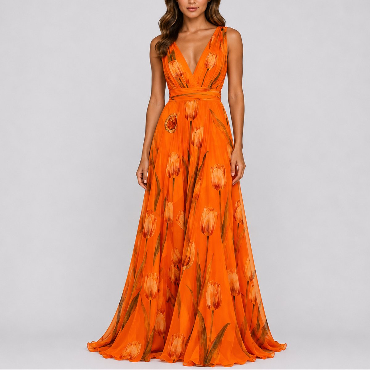 Floral Chiffon Maxi Dress – V-Neck A-Line Wedding Guest Dress