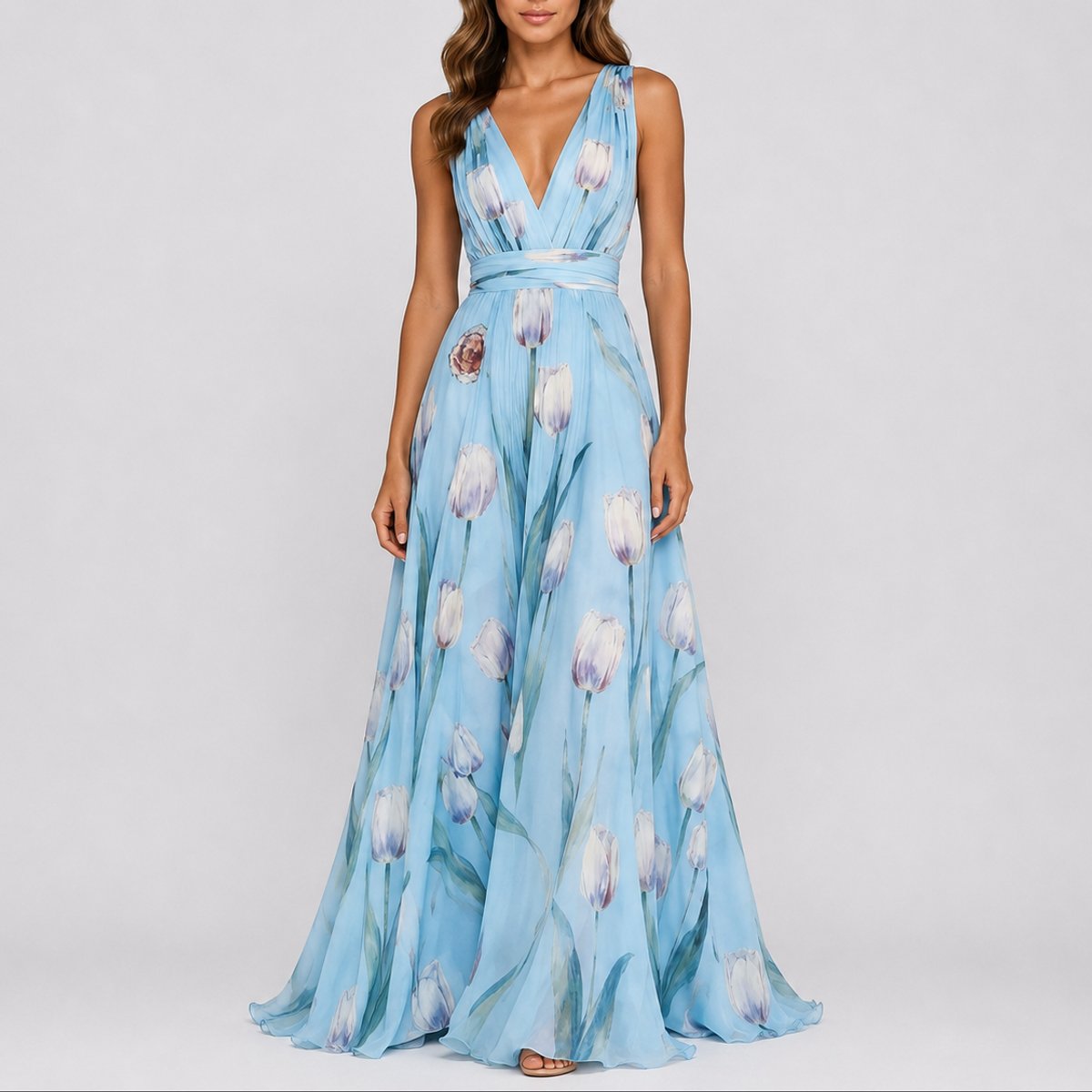 Floral Chiffon Maxi Dress – V-Neck A-Line Wedding Guest Dress