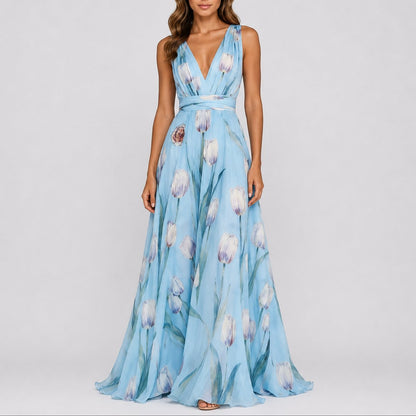 Floral Chiffon Maxi Dress – V-Neck A-Line Wedding Guest Dress