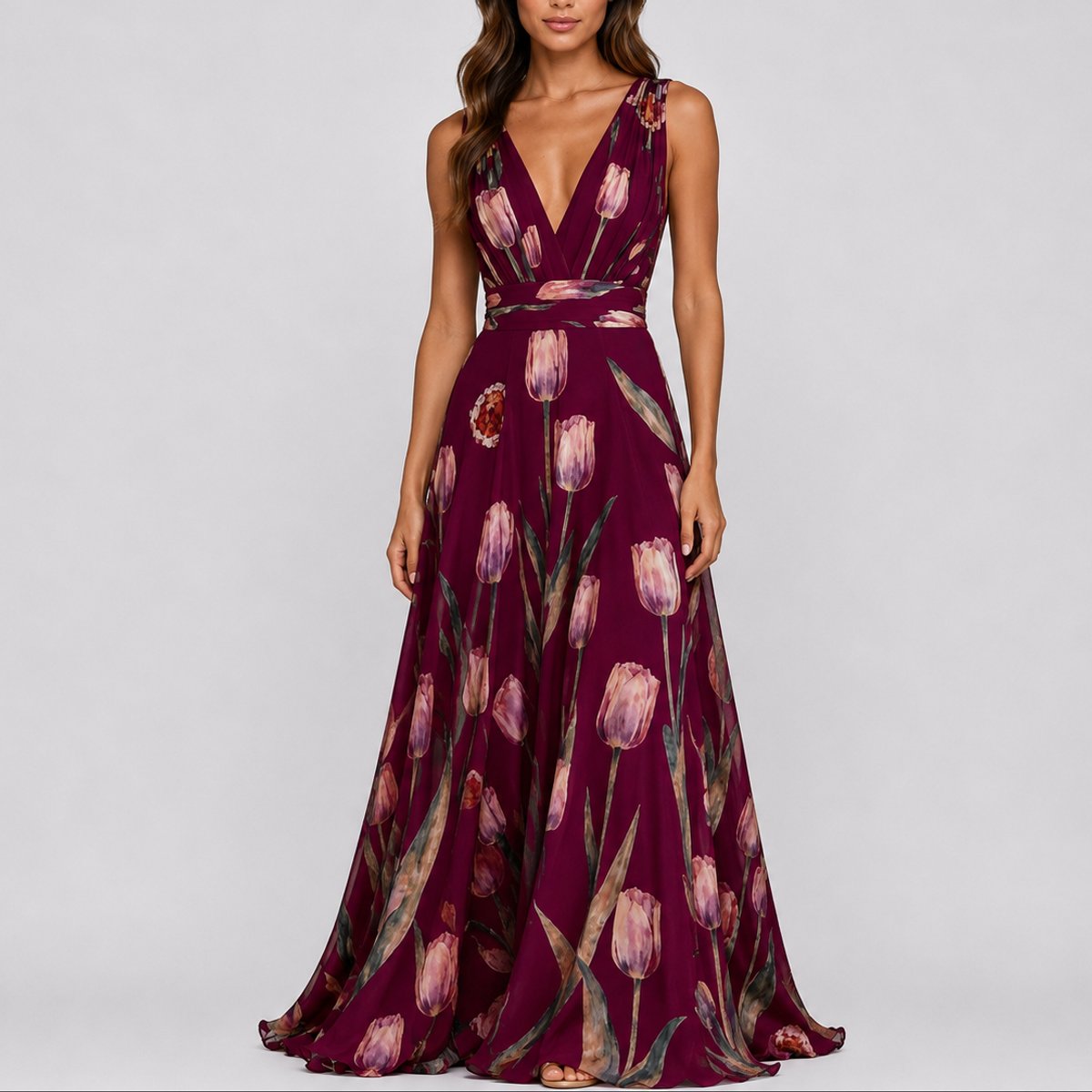 Floral Chiffon Maxi Dress – V-Neck A-Line Wedding Guest Dress