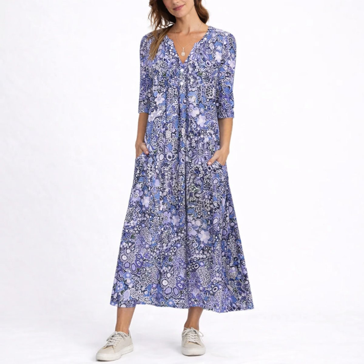 Floral Print Midi Dress – A-Line V-Neck with 3/4 Sleeves and Pockets