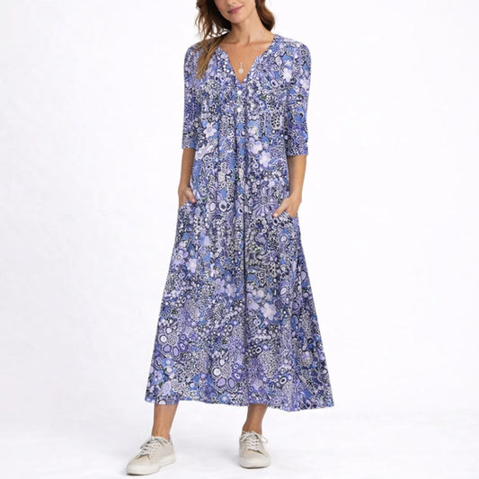 Floral Print Midi Dress – A-Line V-Neck with 3/4 Sleeves and Pockets