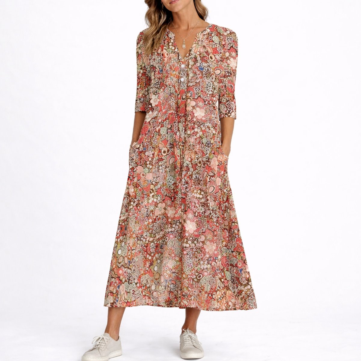 Floral Print Midi Dress – A-Line V-Neck with 3/4 Sleeves and Pockets