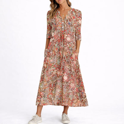 Floral Print Midi Dress – A-Line V-Neck with 3/4 Sleeves and Pockets