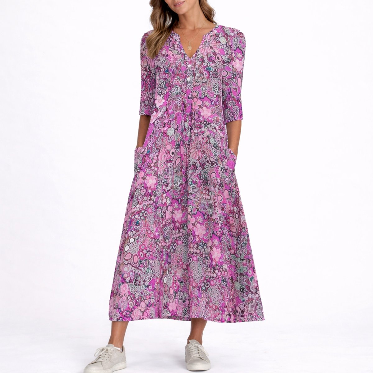 Floral Print Midi Dress – A-Line V-Neck with 3/4 Sleeves and Pockets