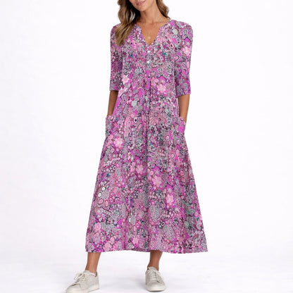 Floral Print Midi Dress – A-Line V-Neck with 3/4 Sleeves and Pockets