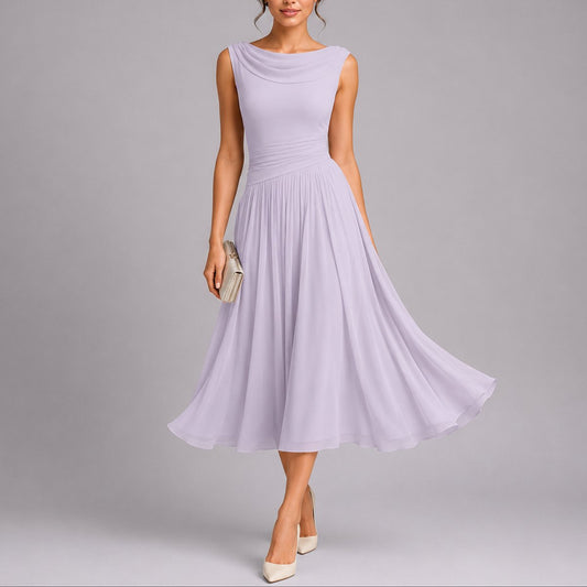 Pleated Chiffon Midi Dress – Cowl Neck A-Line Wedding Guest Dress