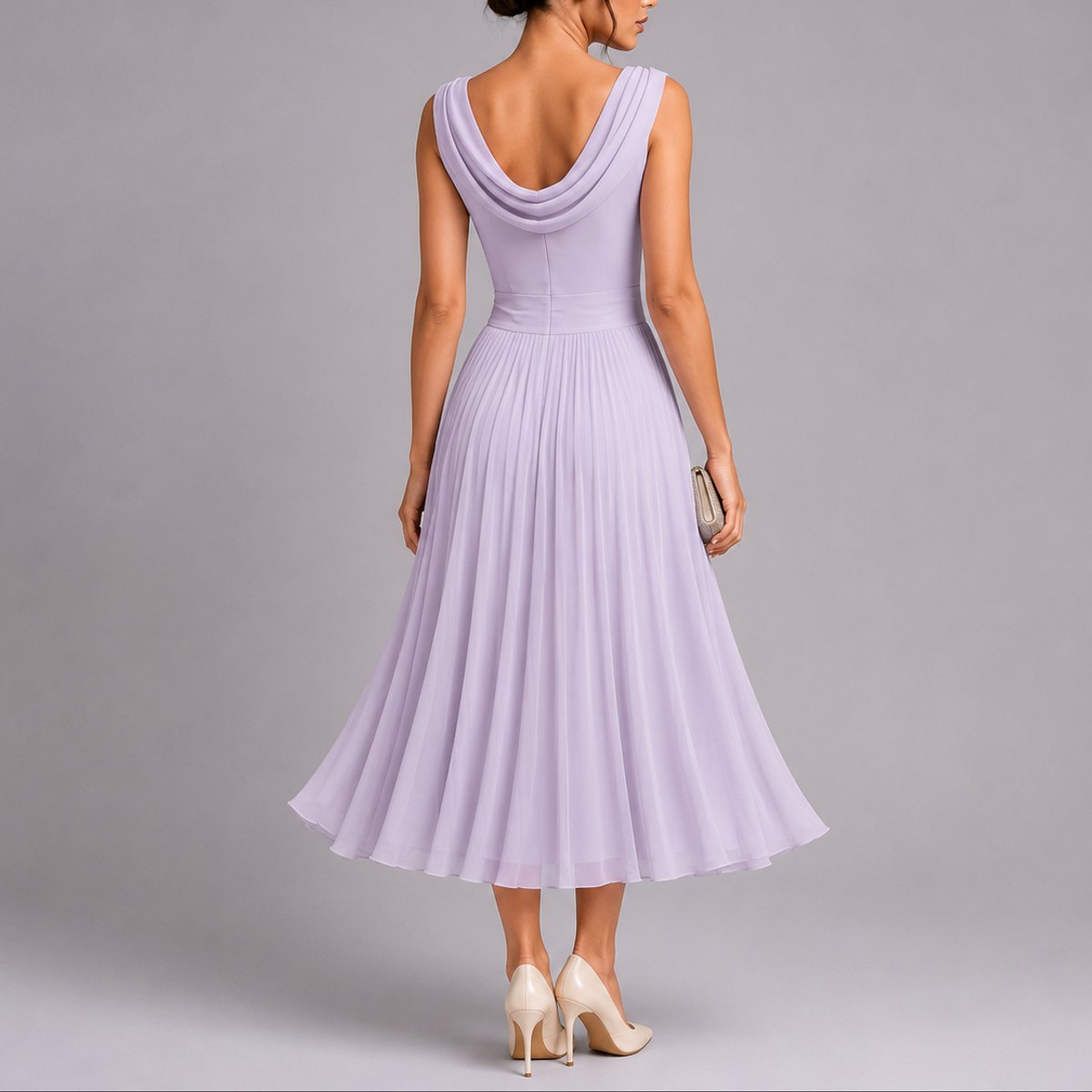 Pleated Chiffon Midi Dress – Cowl Neck A-Line Wedding Guest Dress