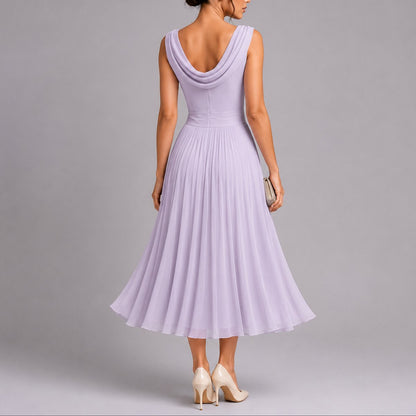 Pleated Chiffon Midi Dress – Cowl Neck A-Line Wedding Guest Dress