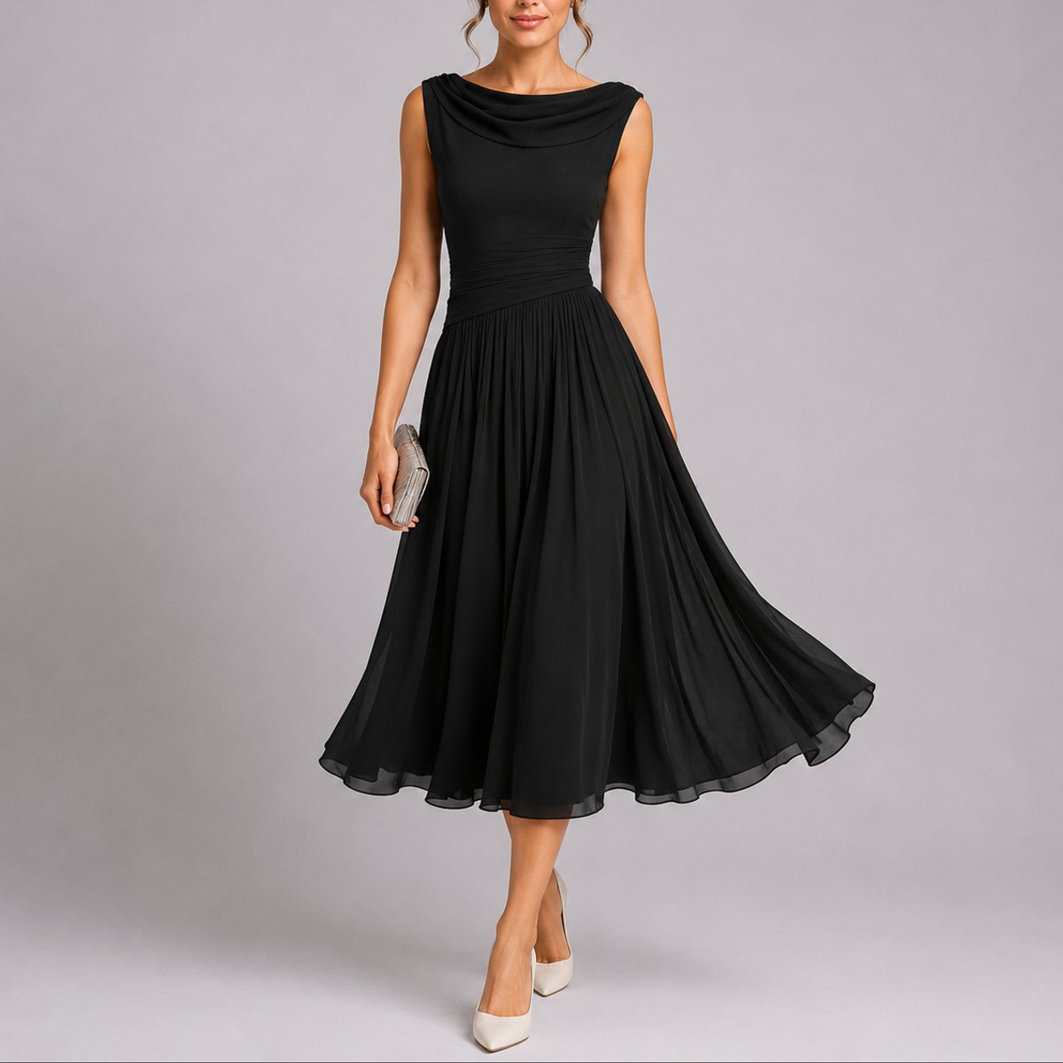 Pleated Chiffon Midi Dress – Cowl Neck A-Line Wedding Guest Dress