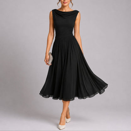 Pleated Chiffon Midi Dress – Cowl Neck A-Line Wedding Guest Dress