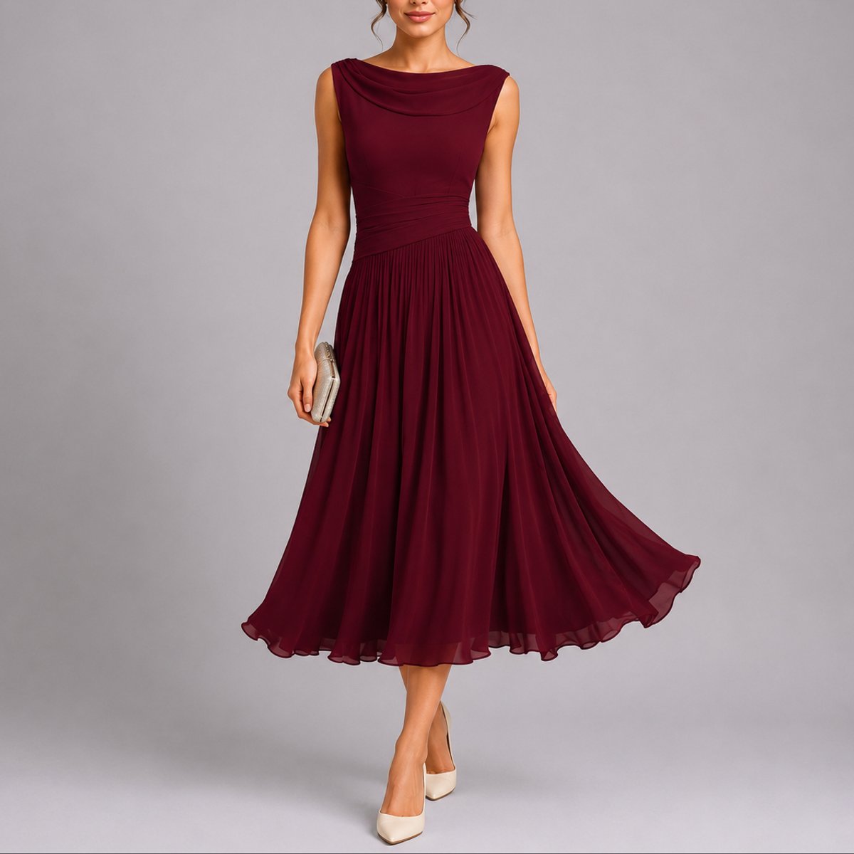 Pleated Chiffon Midi Dress – Cowl Neck A-Line Wedding Guest Dress