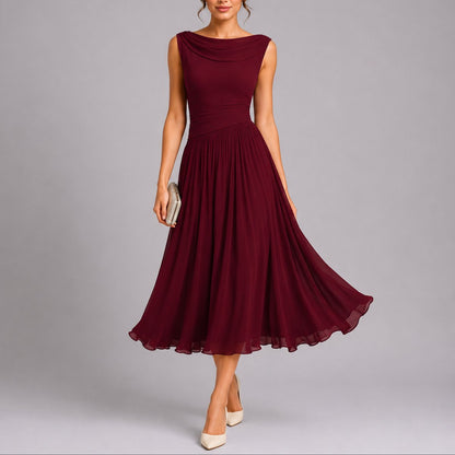 Pleated Chiffon Midi Dress – Cowl Neck A-Line Wedding Guest Dress