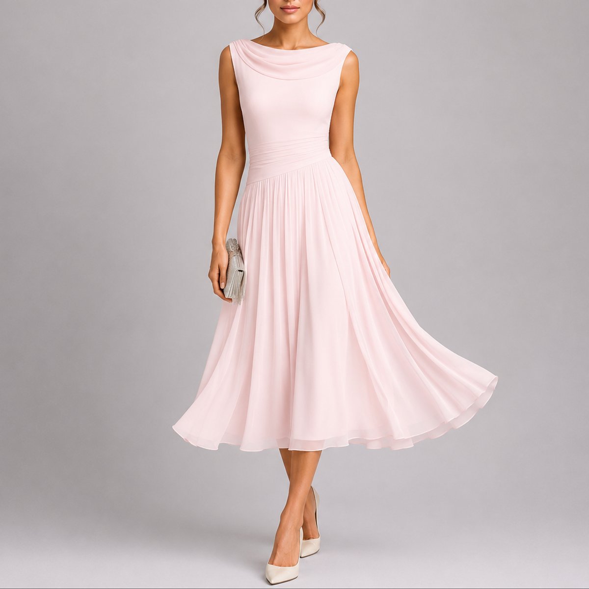 Pleated Chiffon Midi Dress – Cowl Neck A-Line Wedding Guest Dress
