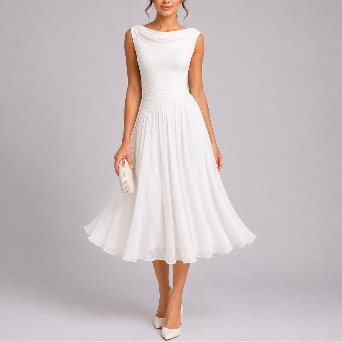 Pleated Chiffon Midi Dress – Cowl Neck A-Line Wedding Guest Dress