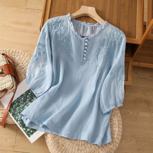 Floral Embroidered Linen Blouse – Ruffle Collar 3/4 Puff Sleeve