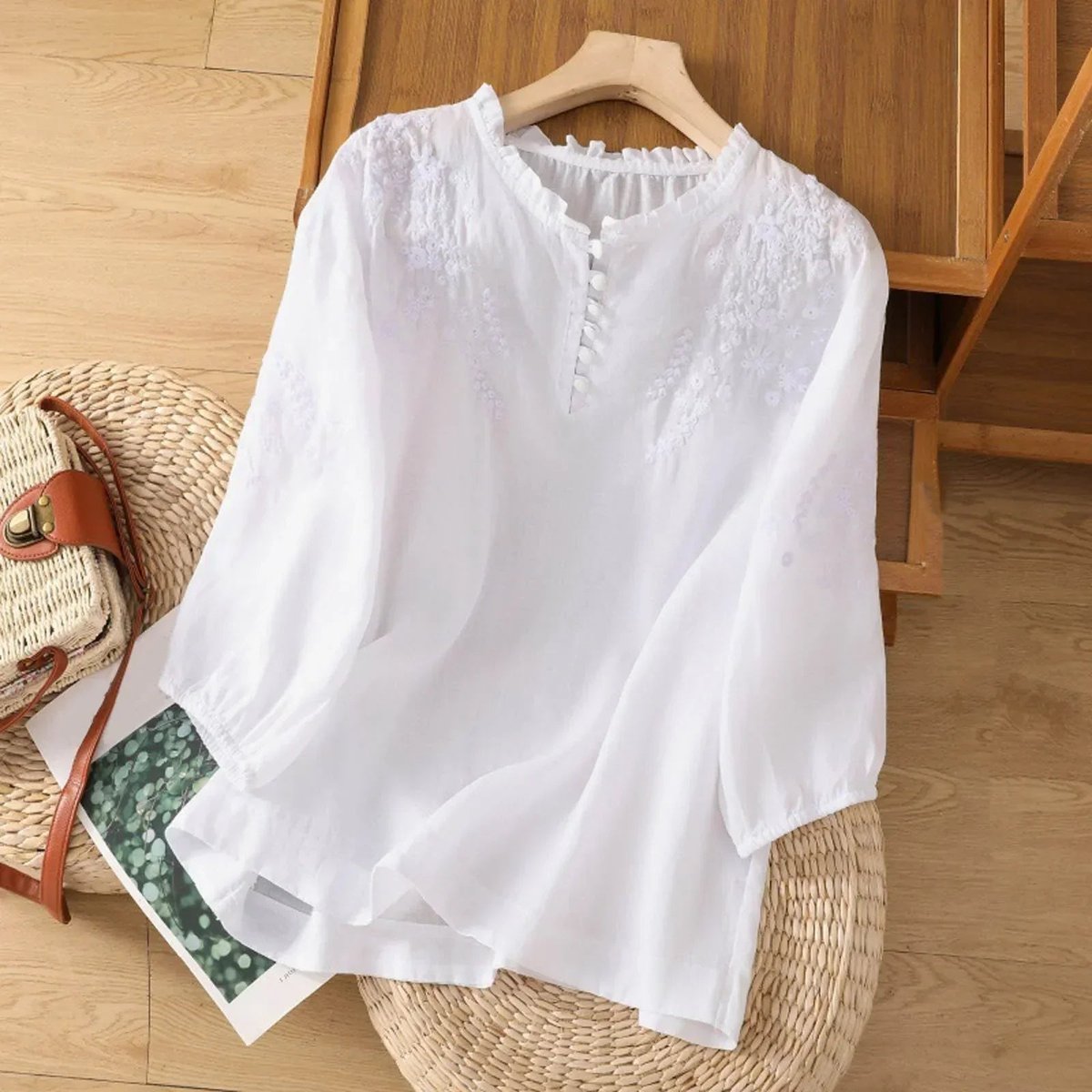 Floral Embroidered Linen Blouse – Ruffle Collar 3/4 Puff Sleeve