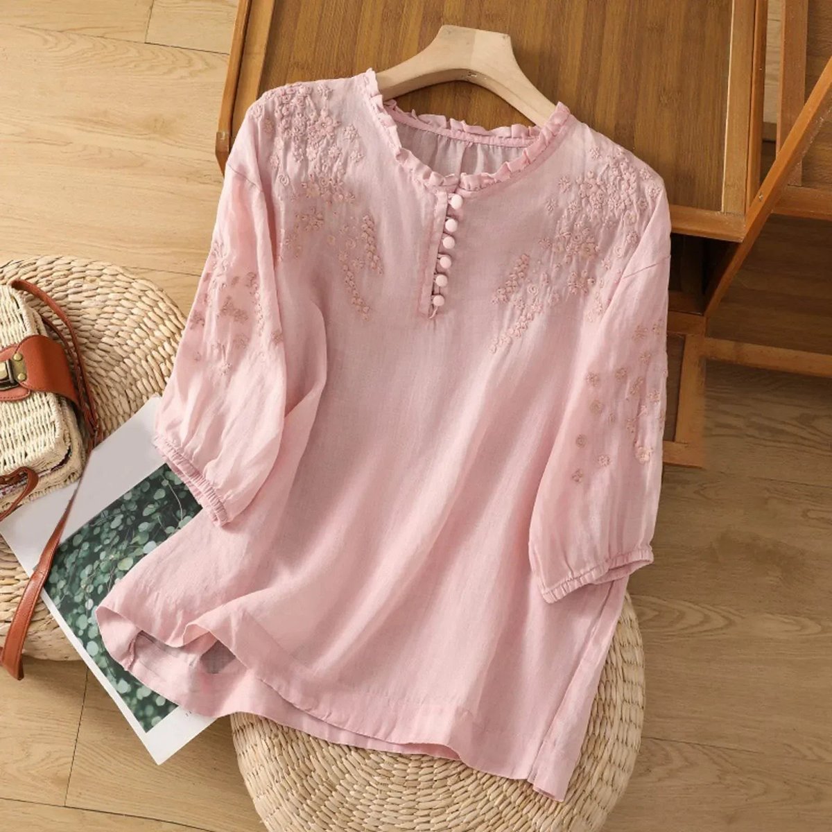 Floral Embroidered Linen Blouse – Ruffle Collar 3/4 Puff Sleeve