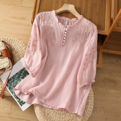 Floral Embroidered Linen Blouse – Ruffle Collar 3/4 Puff Sleeve