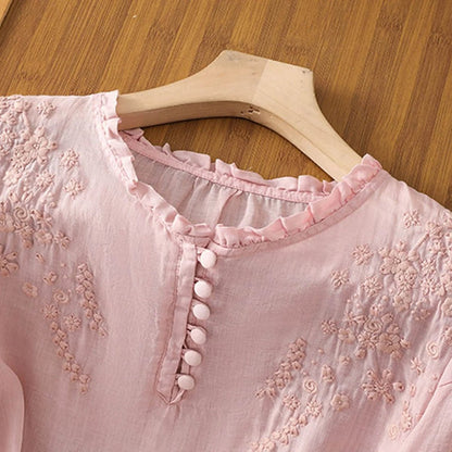 Floral Embroidered Linen Blouse – Ruffle Collar 3/4 Puff Sleeve